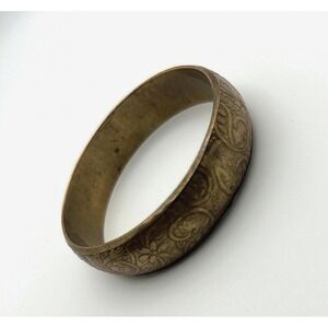 Vintage Gold Tone Floral Engraved Wide Bangle Bracelet Boho Chic